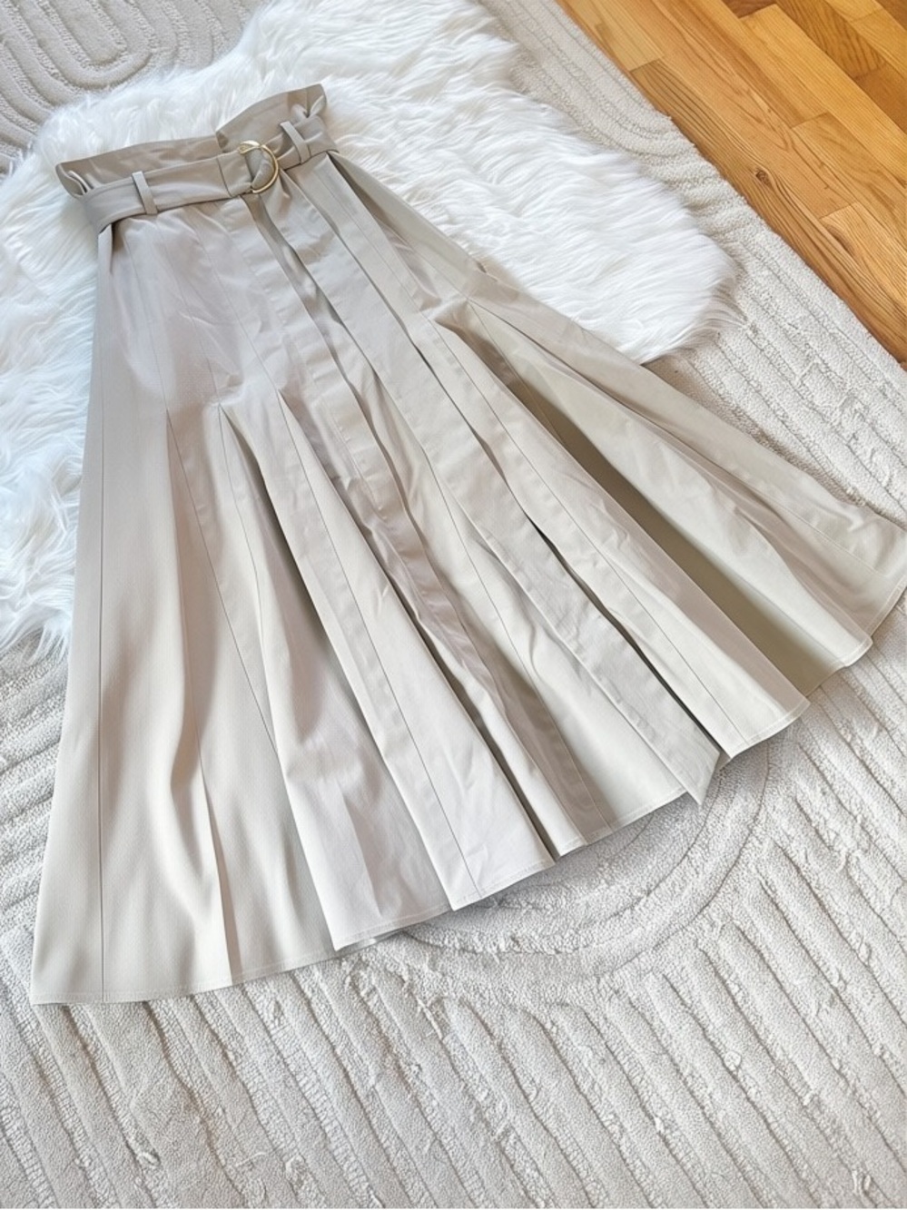 Another Tomorrow Drop-Waist Pleated Khaki Midi Skirt - Picture 5 of 13